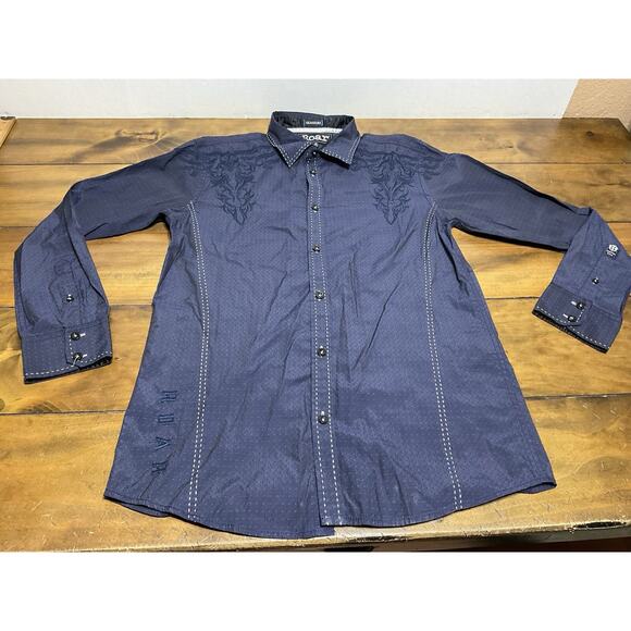 ROAR Shirt Men’s Navy Blue Vitality Signature Embroidered Flip Cuff Size Medium - Picture 1 of 14
